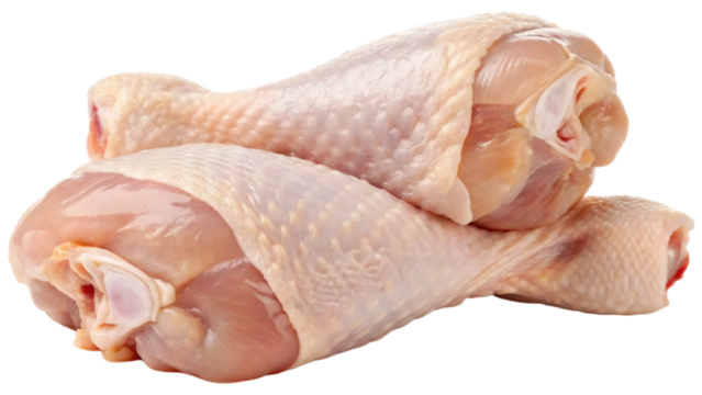 Two fresh raw chicken drumsticks, stacked irregularly isolated on white background. Suitable for marketing or business purposes. PNG file