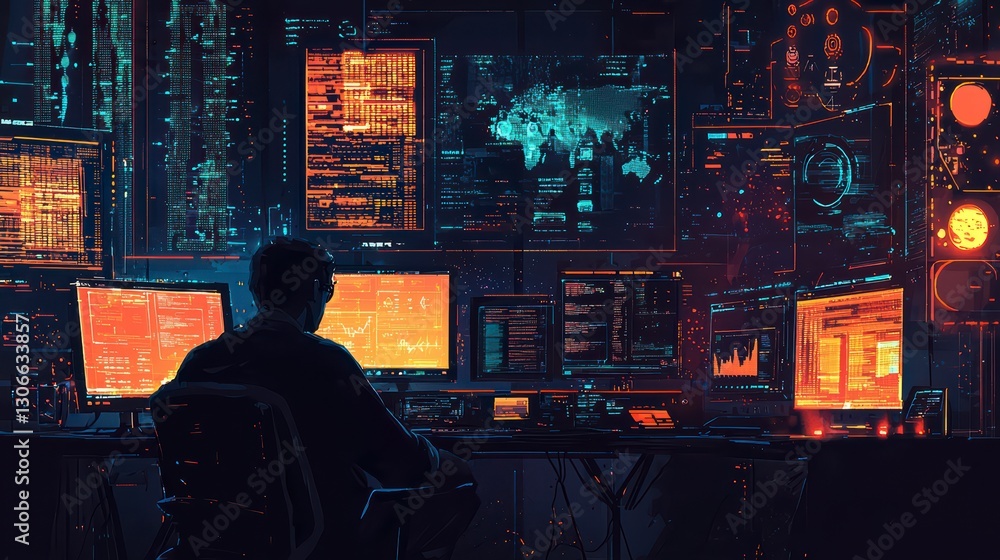 Poster cybersecurity sentinel: a digital guardian, silhouetted in a high-tech command center. they are imme