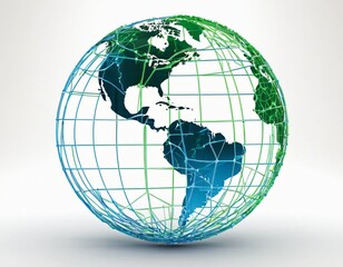 Stylized digital globe logo, featuring interconnected lines and dots to symbolize global connectivity and advanced technology, in cybernetic blue and digital green colors, white background