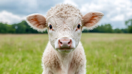 Obraz premium A close-up of a curious calf in a grassy field under a cloudy sky.