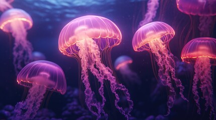 Several bioluminescent jellyfish float gently within the deep ocean
