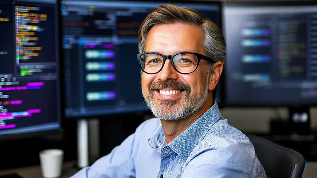 Portrait of a confident programmer man smiling at camera in his office