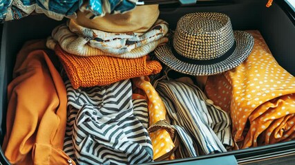 Brightly colored clothing and accessories neatly packed in a suitcase for vacation travel preparation
