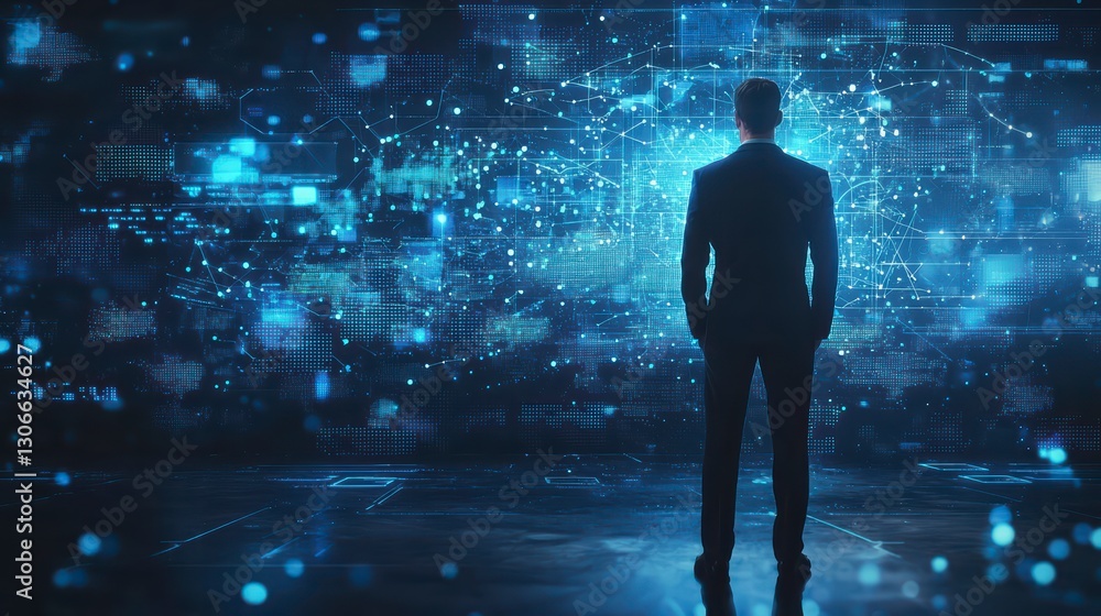 Aufkleber visionary in data realm: silhouette of a man stands confidently before a dynamic data landscape, gaz