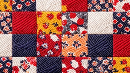Fototapeta premium Bohemian Patchwork Quilt Design, vibrant colors and diverse patterns blend in a folk-inspired aesthetic, set against a minimalist backdrop for an inviting, spacious feel