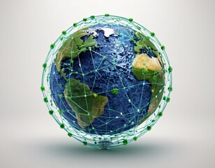Stylized digital globe logo, featuring interconnected lines and dots to symbolize global connectivity and advanced technology, in cybernetic blue and digital green colors, white background