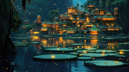 A serene night scene featuring illuminated buildings on water