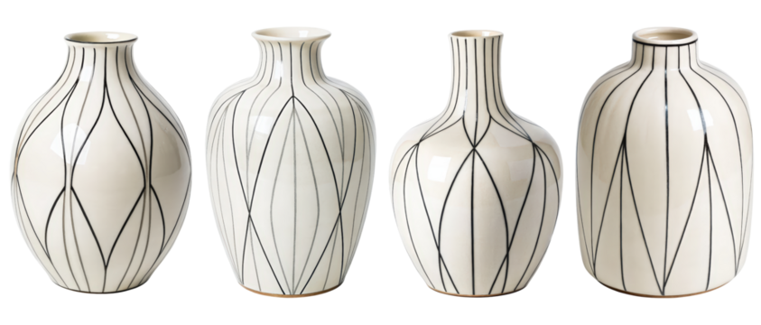 Set of four vases with geometric lines on a transparent background