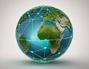 Stylized digital globe logo, featuring interconnected lines and dots to symbolize global connectivity and advanced technology, in cybernetic blue and digital green colors, white background