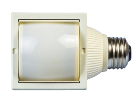 White LED light bulb with a rectangular shade on a transparent background