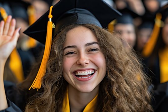Graduates celebrate joyful moment together after completing their MBA program during graduation ceremony in university setting