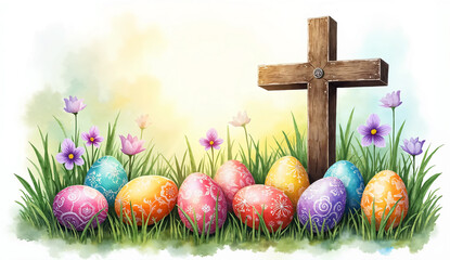 Faith-Inspired Watercolor Artwork Featuring a Cross and Bright Easter Eggs – Ideal for Easter Branding and Advertisements
