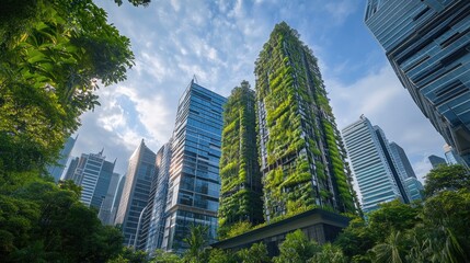 Obraz premium Modern architecture with green plant covered buildings on a sunny day