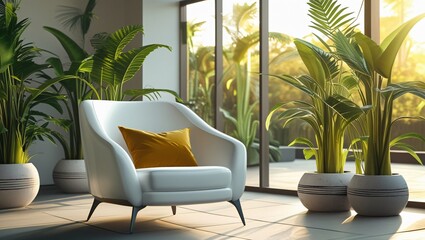 Cozy Modern Interior with White Armchair and Lush Green Plants - Sunlit and Stylish Room
