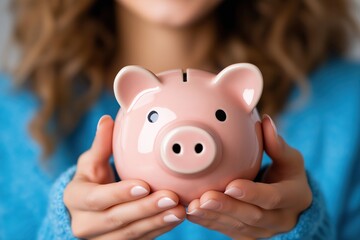 Smiling woman joyfully holds piggy bank while promoting the importance of saving money and effective financial planning