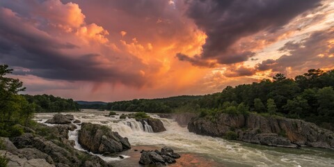 Naklejka premium Great Falls Park Sunset Silhouette Photography - Stormy Summer Skies, Virginia Landscape