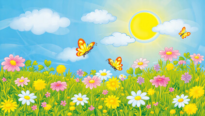 Sunny meadow with flowers and butterflies