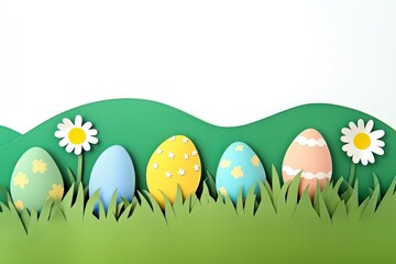 Green field with cute easter eggs paper decorative colorful.