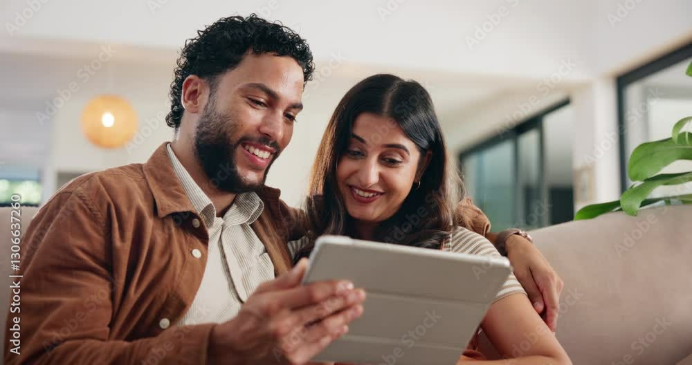 Poster couple, tablet and happy on sofa, talk and scroll on web with search for holiday resort, booking and