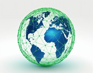 Stylized digital globe logo, featuring interconnected lines and dots to symbolize global connectivity and advanced technology, in cybernetic blue and digital green colors, white background