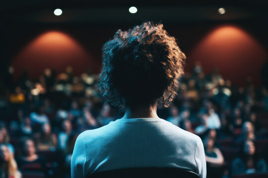 A person speaking at a conference on social justice