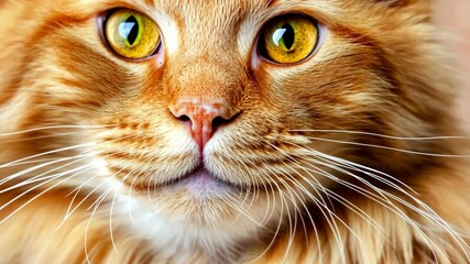 Ginger cat with striking yellow eyes sitting calmly against a neutral background
