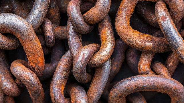 A close-up of rusted metal chains intertwined, showcasing texture and decay.