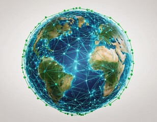 Stylized digital globe logo, featuring interconnected lines and dots to symbolize global connectivity and advanced technology, in cybernetic blue and digital green colors, white background