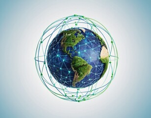 Stylized digital globe logo, featuring interconnected lines and dots to symbolize global connectivity and advanced technology, in cybernetic blue and digital green colors, white background