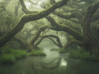 Obraz premium fog-covered swamp with twisted trees, capturing the gloomy light seeping through the fog and bending branches