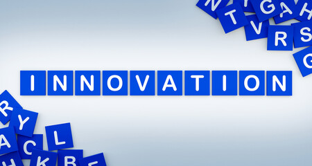 Innovation, word with tokens. Development, progress, new, ideas, motivation, modern, solution. 3D illustration