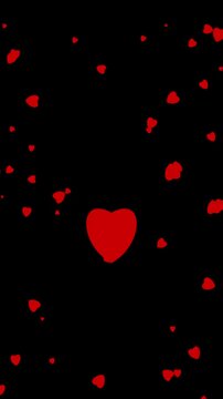 A red pulsing love heart surrounded by a vignette of tumbling red heart icons. Animated overlay with transparent background alpha
