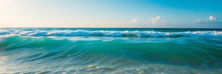 Fototapeta premium Sandy beach with gentle sea waves under a clear blue sky, showcasing an empty tropical landscape with a tranquil atmosphere, tranquil, sea