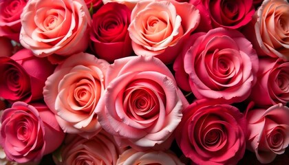 Naklejka premium Close-up shot of a dense arrangement of roses in various shades of pink and red, creating a rich, textured floral background