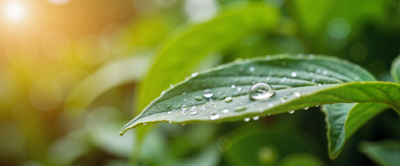 Serene water droplet resting on green leaf in morning sunlight, tranquility