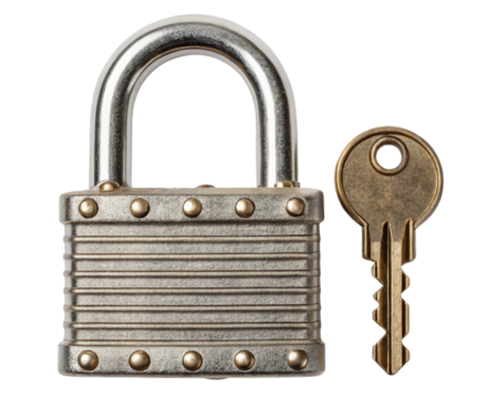 Padlock with antique key on a transparent background - Powered by Adobe