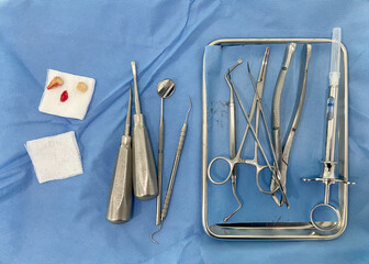 Various dental instrument are neatly placed on a blue surgical drape, alongside extracted teeth and gauze, indicating preparation for a dental procedure. Top view
