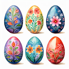 Fototapeta premium Hand-Painted Watercolor Easter Eggs, Floral Folk Art Spring Illustration