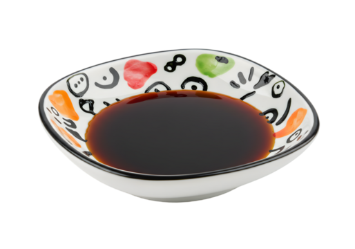 Dark Soy Sauce in a Colorful Bowl with Abstract Patterns Perfect for Culinary and Food Photography Needs