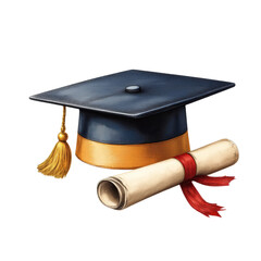 Dark-Blue Graduation Cap with Gold Band and Diploma on Table