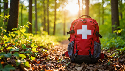 Emergency first aid backpack on forest trail at sunset, wilderness safety