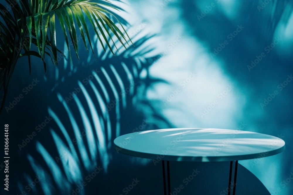 Poster stylish product display showcasing round table and tropical leaf shadows
