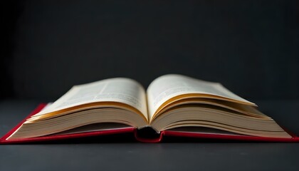 Fototapeta premium A close-up shot features an open book with a red cover, set against a dark gray background