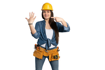 Smiling Female Construction Worker Showing Five Fingers