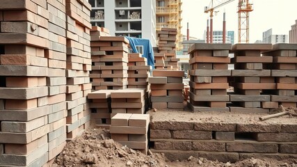 Neatly stacked bricks and construction materials on a building site representing infrastructure expansion and urban development, expansion, construction site