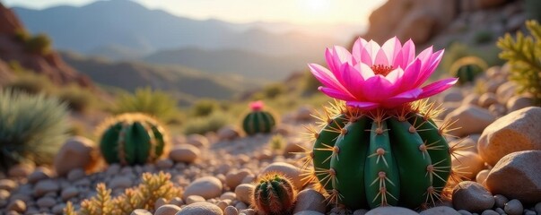 Vibrant pink desert bloom, spiny green cactus, desert bloom, bloom, Sonoran Desert