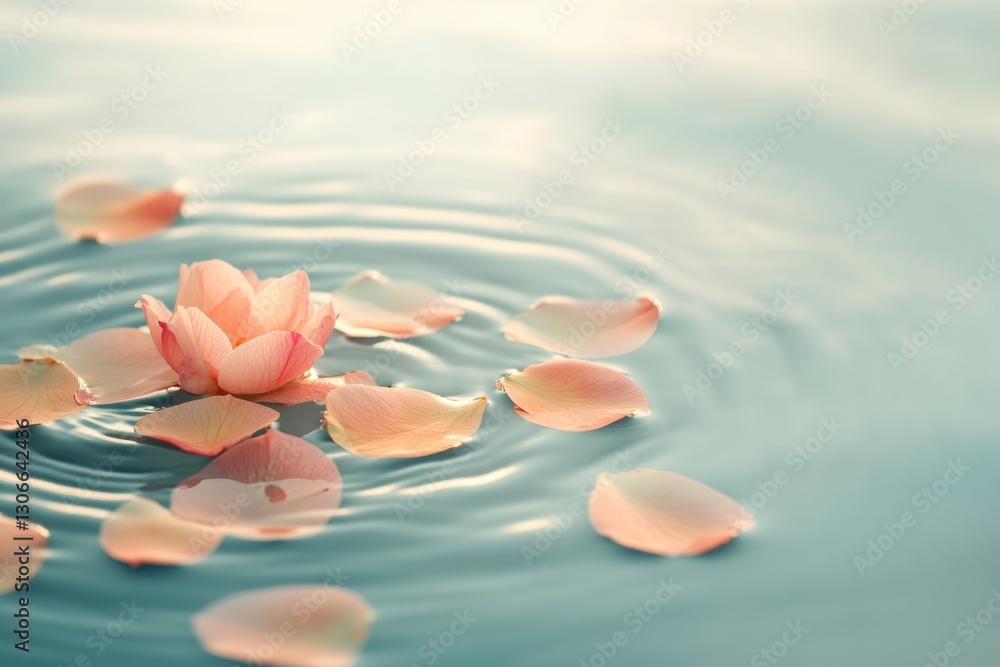 Poster serenity unfolds as delicate petals float on tranquil water in soft pastel hues during a calm mornin
