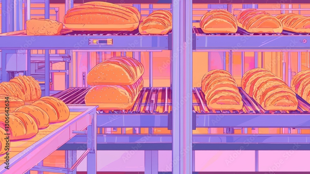 Poster bakery shelf with multiple rows of freshly baked breads on it. the breads are arranged in neat rows 