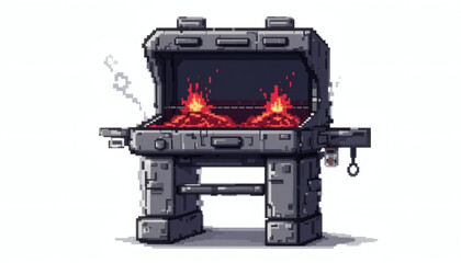 Chunky 8-bit Pixel Grill with Red Burners and Blocky Design for Retro Barbecue Vibe.png