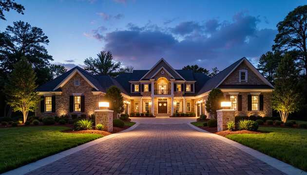 Elegant mansion illuminated at dusk
